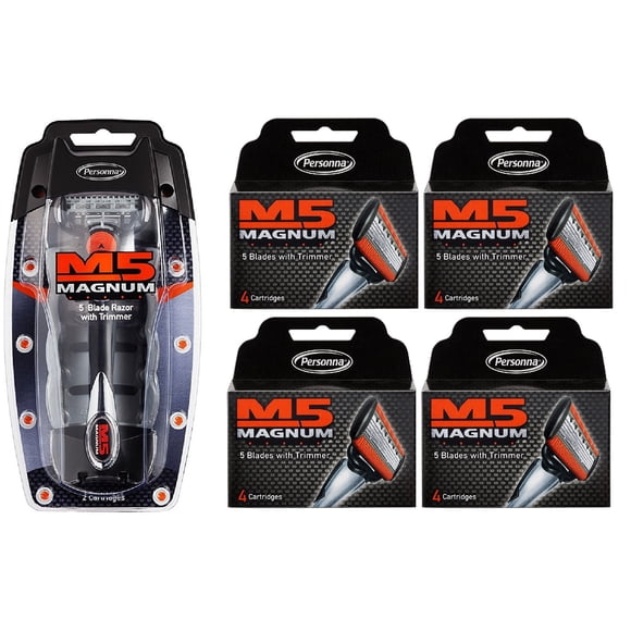 Personna M5 Magnum 5 Rasoir avec Tondeuse + Cartouches de Recharge de Lame de Rasoir M5 Magnum 5, 4 Unités (Lot de 4)
