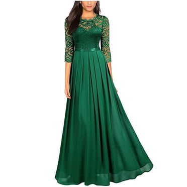 Meichang Chiffon Maxi Dresses for Women Pleated Flowy Hem Dress Tunic Casual Lace 3/4 Sleeves Crewneck Sundress Lightweight Soft Wedding Guest Work Dresses