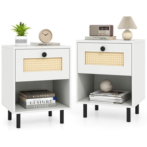 Costway 2 PCS Rattan Nightstand Boho End Table with Drawer & Open Shelf for Living Room White