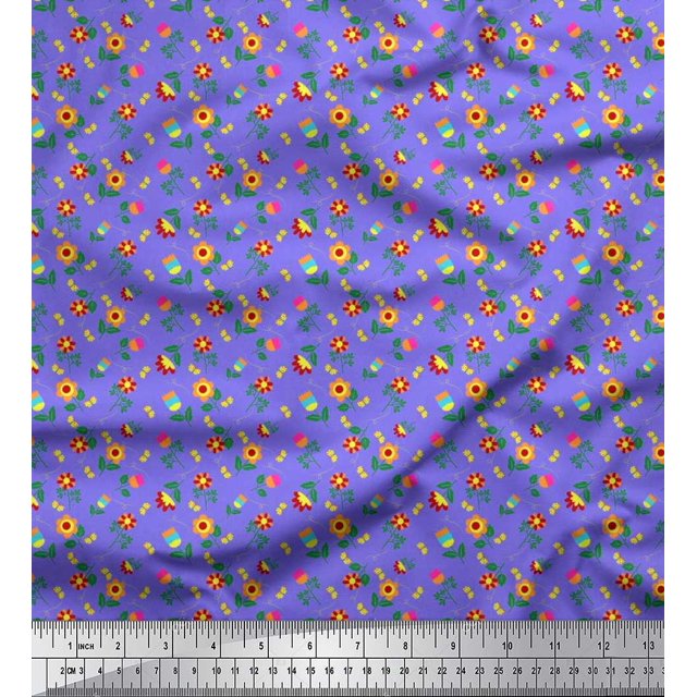 Soimoi Purple Poly Georgette Fabric Leaves,Insect & Floral Artistic Decor Fabric Printed BTY 42 Inch Wide
