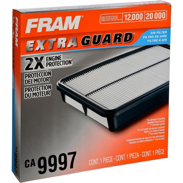 FRAM Extra Guard CA9997 Air Filter box displaying a rectangular engine air filter with pleated white filter media and black plastic frame, promoting 2X engine protection and a recommended change interval of 12,000 miles (20,000 km).