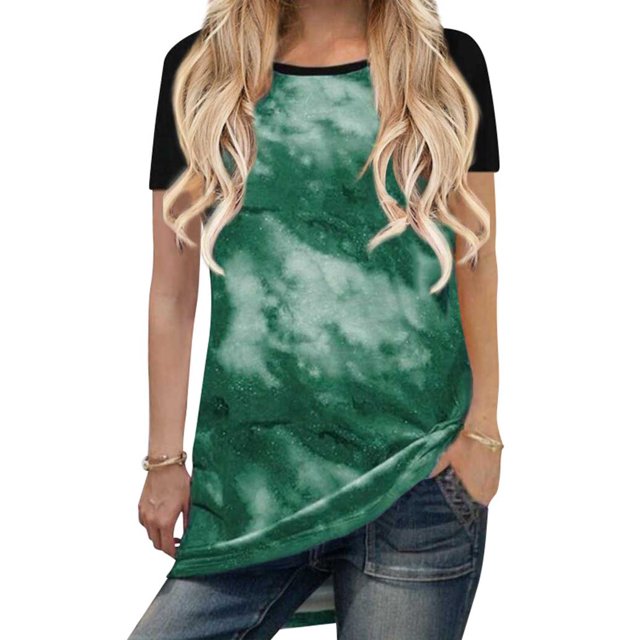 Femmes Tie-Dyed Print Couleur Cou Cou Cou Manches Courtes Tuniques Tops