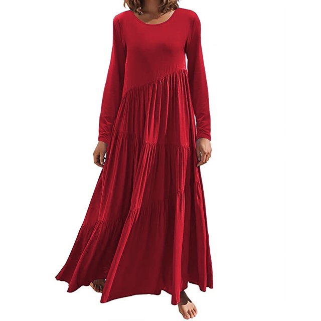 Long Sleeve Dress Women Womens Solid Color Loose Long Sleeve Long Dress Round Neck Asymmetric Layered Beach Long Dress Womens Long Sleeve Dress Cold Shoulder Dress for Women