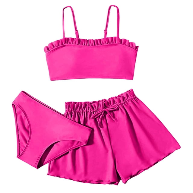 IROINID Mode Filles Maillot de Bain Sans Manches Uni Maillot de Bain Bikini Ensembles Rose Vif 140