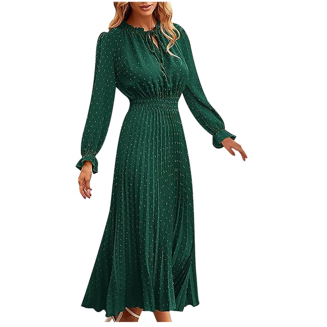cfhntfmh Robes d'Invitée de Mariage pour Femmes Tendance à Découpes à Volants Col Ras du Cou Robe Maxi Smockée Ample Plissée Robe de Soirée