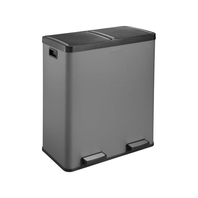 The Step N' Sort Large Capacity 70 L, 2 Compartment Trash and Recycling Bin in grey with two removable 35 L inner bins, black slow-close lids, fingerprint-proof finish, heavy-duty step pedals for hands-free use, side handles, and non-skid bottom for stable sorting of trash and recycling.