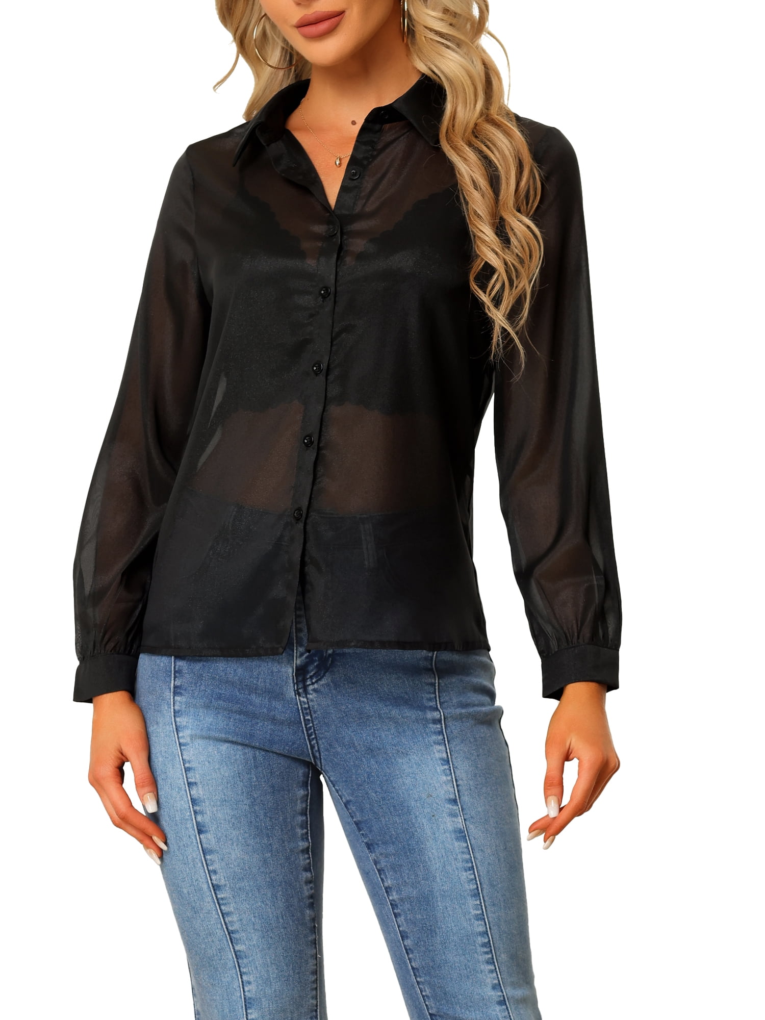 INSPIRE CHIC Chemise pour Femme en Maille Transparente à Col Pointu à Manches Longues Chemise Boutonnée TG Noir