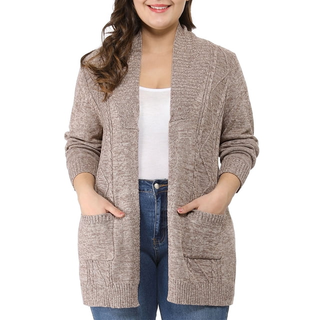 GRACE & GRANDEUR Women's Plus Size Long Sleeves Sweater Cardigan in a neutral tone, featuring an open front with a textured shawl collar, long sleeves, and two front handwarmer pockets. The relaxed fit and cable detail on the front make it suitable for daily wear, work, or casual outings. Shown styled with jeans and a white top.
