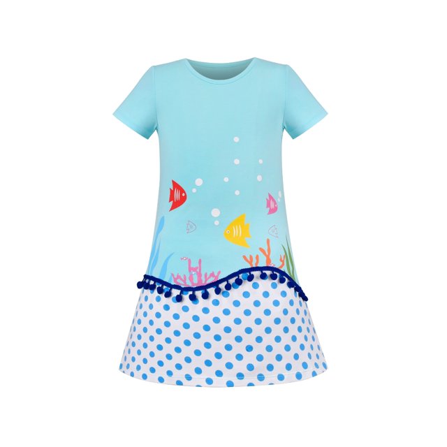 Robe T-Shirt Fille Jupe Évasée Pompon Poisson à Pois Plage Bouffante Manches Courtes 7 Ans