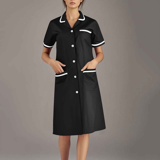 Tidyack,Best Value,Nurse Lapel Dress, Solid Color Work Dress, Pockets + Button Splicing, Midi Length, For Healthcare Staff, Professional Work Attire, Cotton Blend, Clean Cut, Daily Uniform