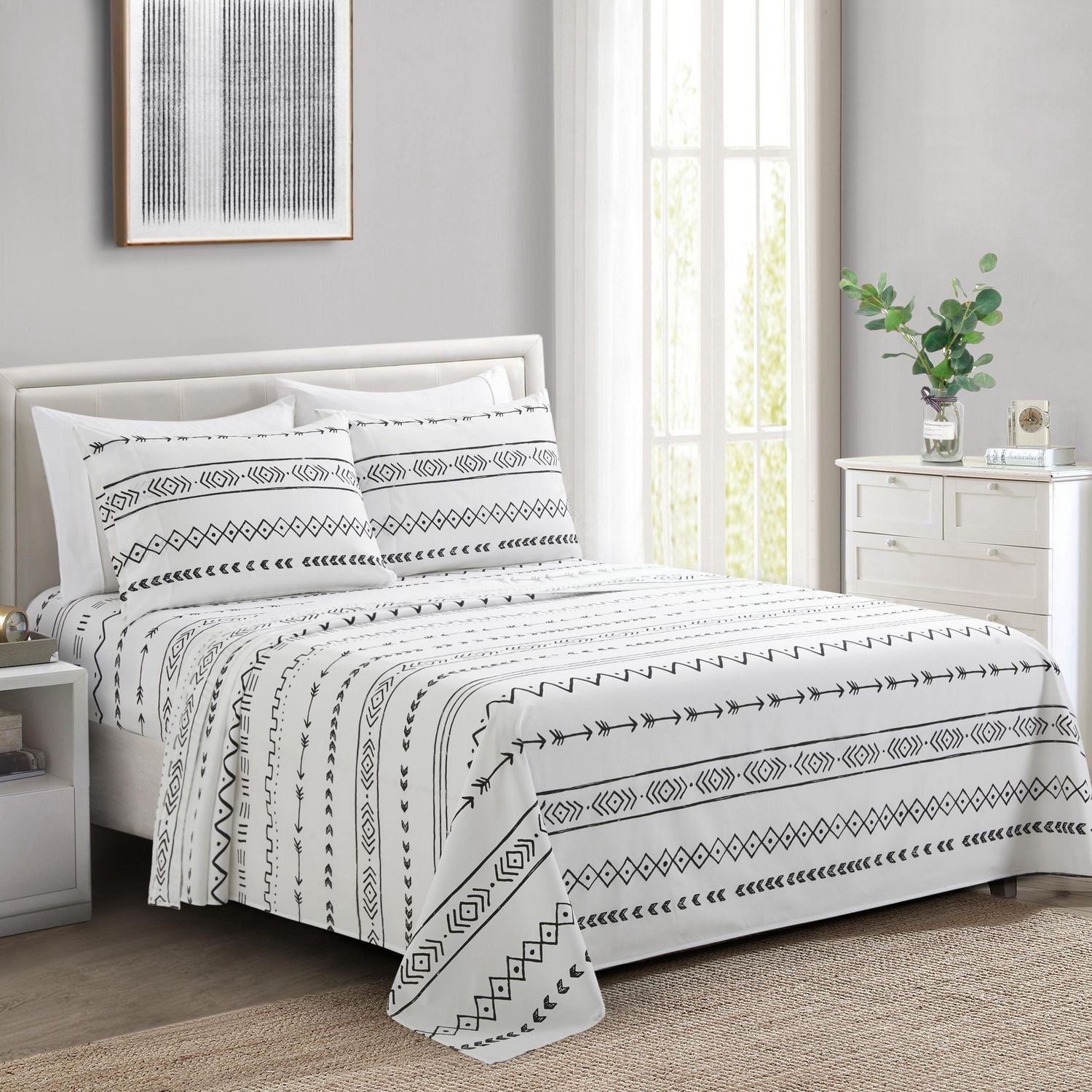 Literie Marina Décoration ultra douce et soyeuse, imprimée, en rayonne de bambou, toutes saisons, avec taies d'oreiller, motif géométrique moderne et simplifié