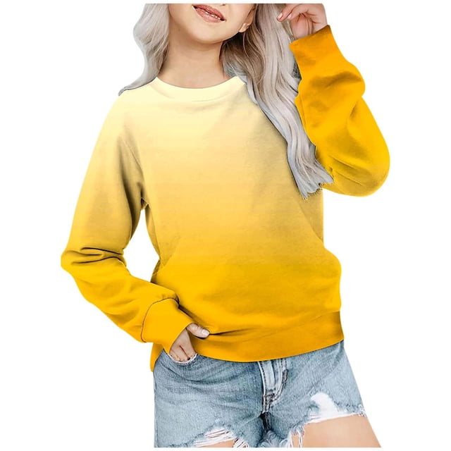 MIASHUI Girls Sweatshirt Tops Gradient Printed Crewneck Casual Pullovers,Yellow,11-12 Years