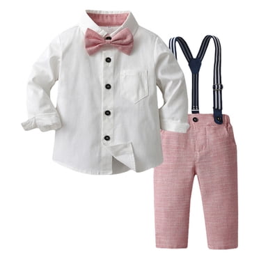 Splozh Toddler Baby Boy Clothes Suit Gentleman Baby Boys Cotton Linen Formal Suspenders Outfits with Bowtie Toddler Long Sleeve Gentleman Wedding Dress Clothes Pink,4-5 Years