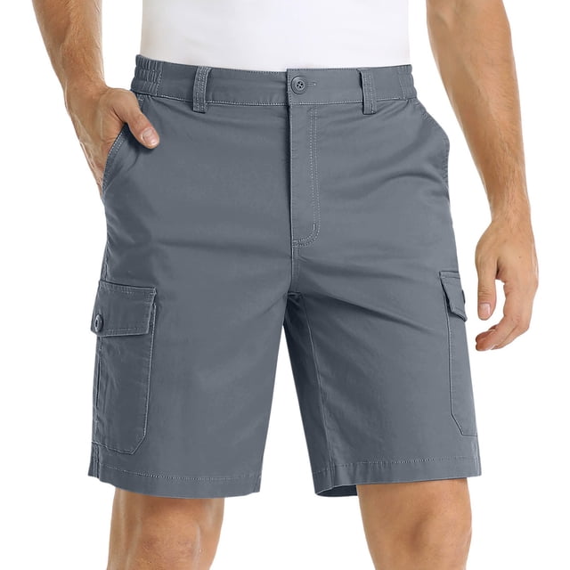 TIMIFIS Lightweight Cargo Shorts for Mens Elastic Waist with Button and Zipper Multi Pockets Solid Color Hiking Work Travel Golf Camping Casual Summer Comfy Shorts