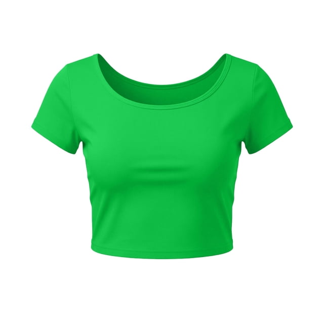 VSSSJ Crop Tops pour Femmes Manches Courtes Col Rond Extensible Chemise Décontractée Ajustée Solide Confortable Été Basique T-Shirts Courts Verts Taille Unique