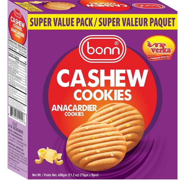 Bonn Cashew Cookies 600g super value pack containing golden-brown round biscuits with ridged tops and visible cashew nut pieces, packaged in a purple box with bilingual English and French text, ideal for Indian and South Asian snack enthusiasts seeking rich, nutty-flavored biscuits.
