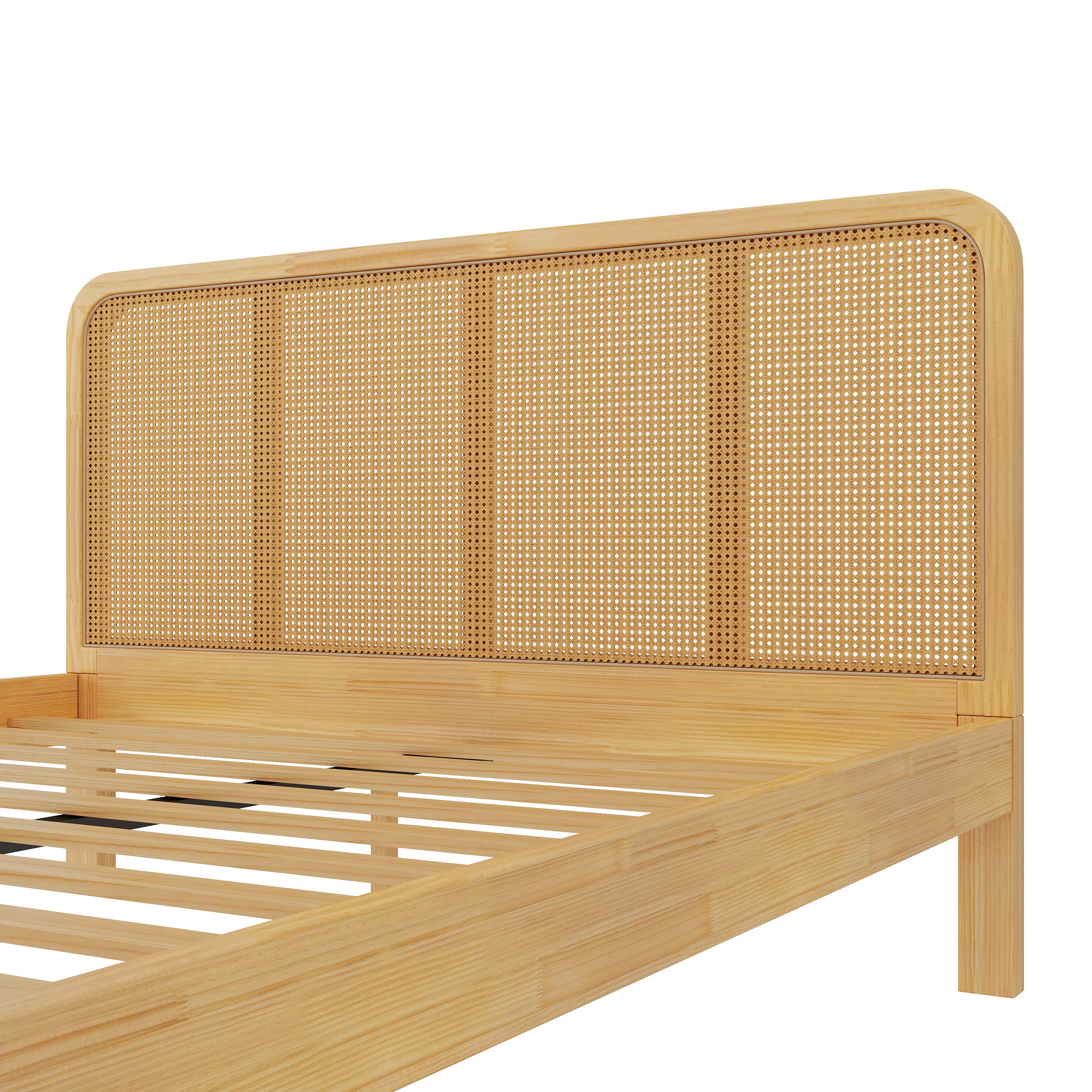 Lit de plateau en rattan moderne Noble House, dossier et pieds en cannelure avec panneaux tissés naturels, cadre de lit à l'âge d'or, noyer