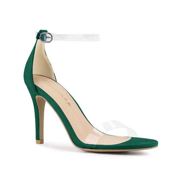 BLISSFUL STEP Women's Clear Ankle Strap Stiletto Heel Sandals Emerald Green 10