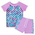 thumbnail image 1 of PMVFHDE Girls Scale Print Swim Set | Short Sleeve Rash Guard & Swim Shorts | Kids UV Protection Bathing Suit Purple,10-12 Years, 1 of 8