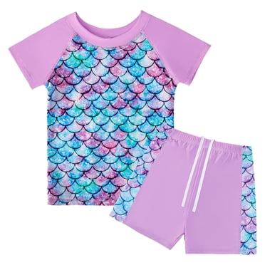 PMVFHDE Ensemble de Bain à Imprimé d'Écailles pour Filles / Maillot Dermoprotecteur à Manches Courtes et Short de Bain / Maillot de Bain Protection UV pour Enfants Violet, 4-5 Ans