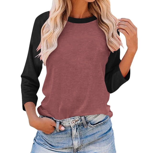 Plebaso Chemises à Manches 3/4 pour Femmes Col Rond Tops à Blocs de Couleur Décontractés Amples Blouses pour Femmes