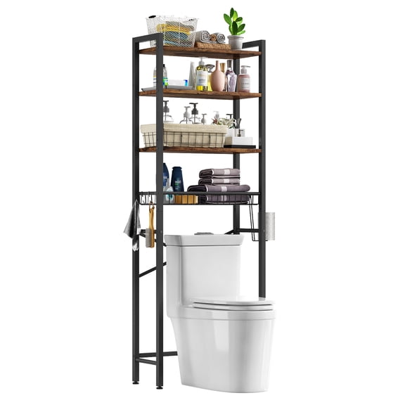 Biemlerfn Over The Toilet Storage Shelf, 4-Tier Wooden Bathroom Organizer Adjustable Saver Space Rack with Toilet Paper Holder, Brown
