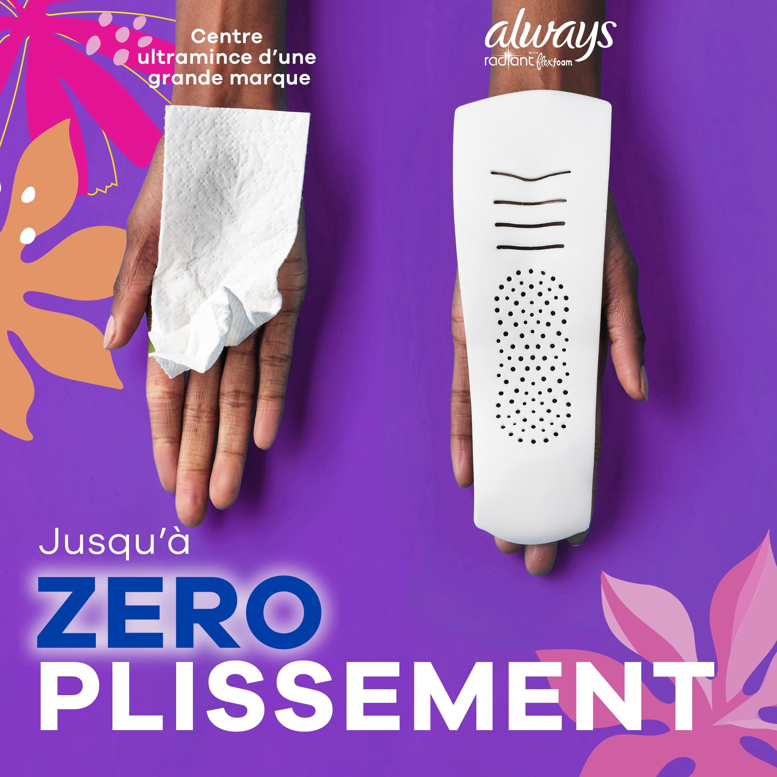 Serviettes Always Radiant Avec Flexfoam, Taille 2, Forte, Avec Ailes, Parfum Légèrement Frais, 26 Unités