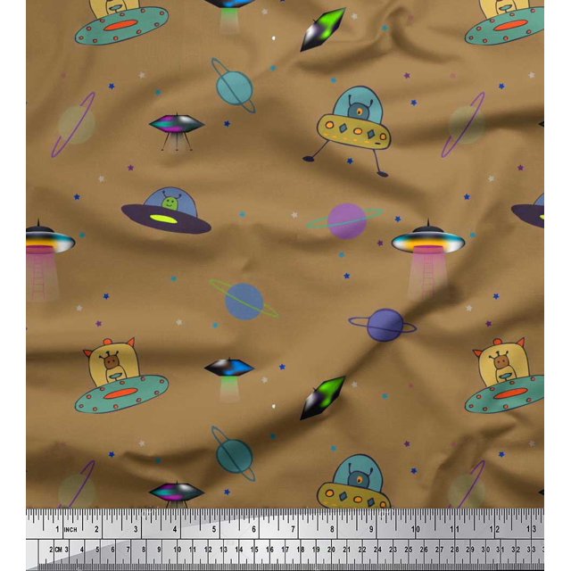 Soimoi Poly Georgette Fabric Planet,Animal & Spaceship Cartoon Fabric Prints by Yard 52 Inch Wide