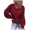 thumbnail image 1 of Pompotops Mode Dames Décontracté Uni Manches Longues Col en V Pull Ample Blouse Femme, 1 of 4