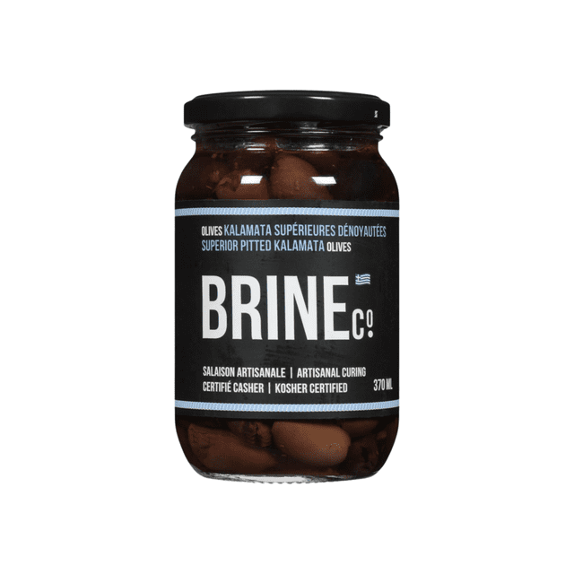 Brine Co Whole Green Olives 370ML jar containing plump green Chalkidiki olives in brine, clear glass jar with black lid and label, kosher certified, vegan, artisanal recipe from Greece, suitable for pantry food and condiments.