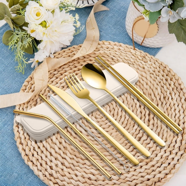 Ensemble Portable de Baguettes Cuillère Couteau Fourchette et Paille Ensemble de Couverts en Acier Inoxydable 7 Pcs avec Étui de Rangement Ensemble de Couverts Portable pour Camping en Plein Air