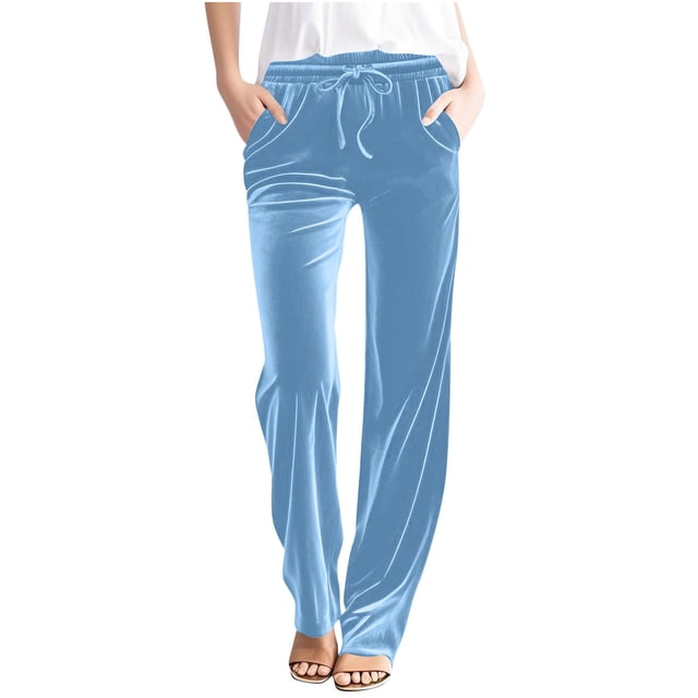 Plebaso Womens Velvet Pants Elastic Waist Drawstring Lounge Pants Straight Leg Trousers with Pockets