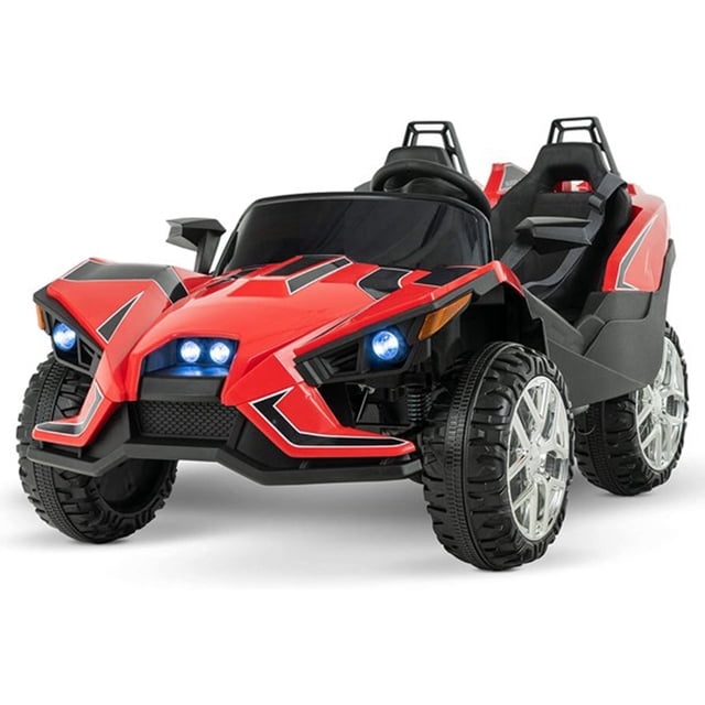 12V Two Seat Kids Ride on Racing Sport Slingshot Car in red, featuring a sleek design with two spacious seats and safety belts. Equipped with a wireless 2.4G Bluetooth remote control for parental operation, it offers a maximum control range of 15m. The car includes a music player with MP3 and USB compatibility, adjustable volume, and bright LED headlights. Designed for children aged 3 to 6 years, it supports a maximum load of 100 lbs and runs at speeds between 2.5 mph and 5 mph. The ABS material ensures durability, and a handle at the rear allows easy mobility. Dimensions: 47L x 32W x 28H inches.