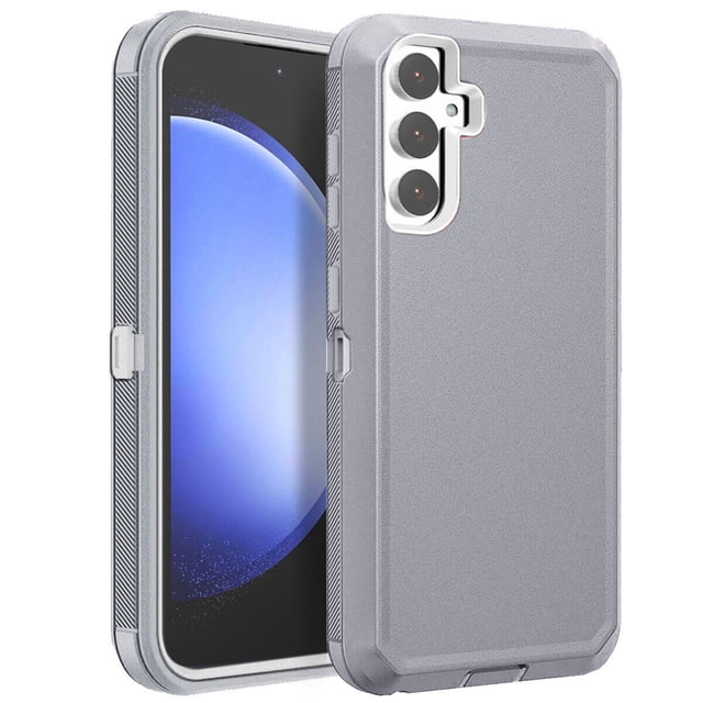 Samsung Galaxy S25 / S24 Hard Defender Case in grey, featuring a triple-layer shockproof design with 3-in-1 armor construction. The case includes raised edges for screen and camera protection, precise cutouts for easy access to buttons and ports, and a dust plug for the charging port. Designed for heavy-duty protection with reinforced corners to guard against drops, scratches, and dust.