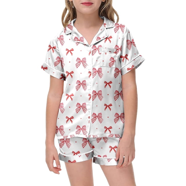 Ensemble de Pyjama en Satin pour Fille, Imprimé Nœud, Ensemble de Pyjama pour Enfants à Boutons, Pjs, Tenue de Nuit, Pyjamas pour Garçons, Taille 8-10 Ans