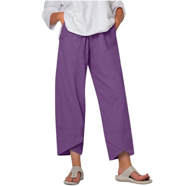 lcziwo Pantalon Capri pour Femmes Décontracté Été Pantalon en Coton et Lin Couleur Unie Ample Taille Élastique Capris Pantalon Jambe Grand Pantalon Court 2024, Violet, m
