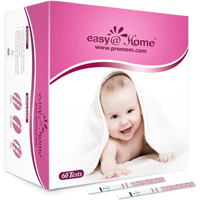 Easy@Home Tests Bandes de Test de Grossesse (HCG), 60 Unités, Emballées dans une Boîte Rose et Blanche avec Marque et Détails du Produit. la Boîte Met l'Accent sur des Résultats Rapides, la Détection Précoce des Niveaux de HCG et une Précision de 99 %. Deux Bandes de Test Scellées Individuellement Sont Indiquées à l'Avant, Montrant la Méthode de Test d'Urine par Trempage et Lecture. Idéal pour les de Grossesse à la Maison.