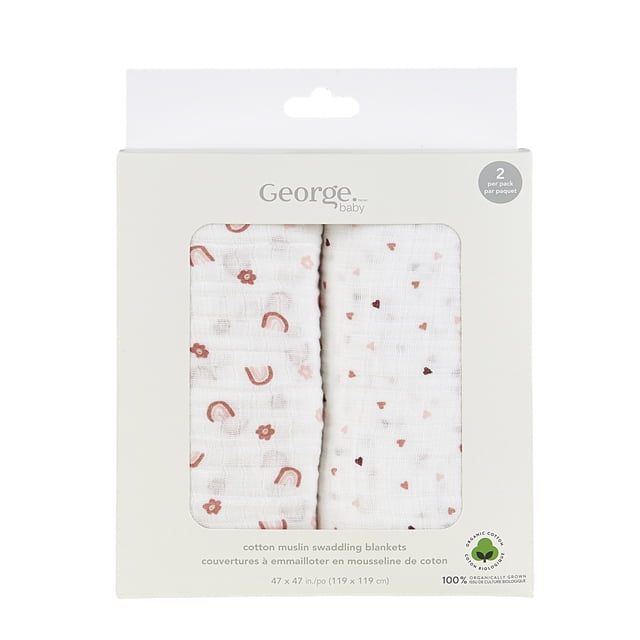George Baby Girls Boxed Organic Cotton Muslin Swaddling Blankets (2 Count)
