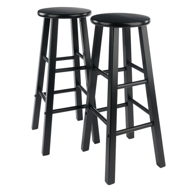 Winsome Element 29" Bar stool Black finish with two solid wood stools featuring square legs and round seats, supported by eight crossbars for stability and footrests, ideal for kitchen or dining seating and suitable for extra guest seating.