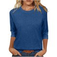 thumbnail image 1 of Olyvenn Femmes 2025 T-Shirt à Manches 3/4 Hauts Couleur Unie Été Printemps Mode Col Ras du Cou Blouse Tee Tendance Vêtements Femme Bleu P, 1 of 6