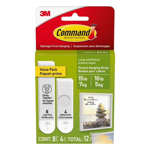 Command Picture Hanging Strips, White, 4 Medium Pairs and 8 Large Pairs