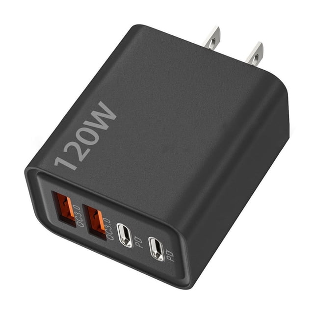 UsRHHA 120W GaN Charger 2-in-1 Fast Charging power adapter with 2 Type-C and 2 USB ports. Compact black wall plug design with 120W marking, ideal for multi-device charging of phones, tablets, and laptops. Portable travel charger for home, office, or travel use.
