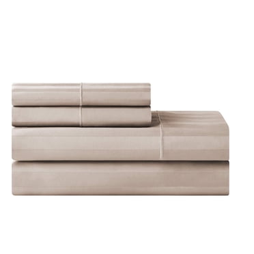 Ensemble de draps pour lit adulte en coton égyptien beige rayures 600 contexture, 4 pièces, hotel style, grand lit - Poche profonde