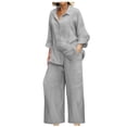 thumbnail image 1 of Women 2 Piece Linen Sets 2025 Button Up Long Sleeve Shirt Drawstring Wide Leg Pants Set Summer Outfits, 1 of 5
