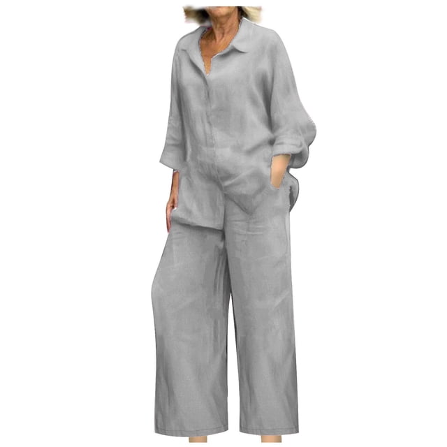 Women 2 Piece Linen Sets 2025 Button Up Long Sleeve Shirt Drawstring Wide Leg Pants Set Summer Outfits