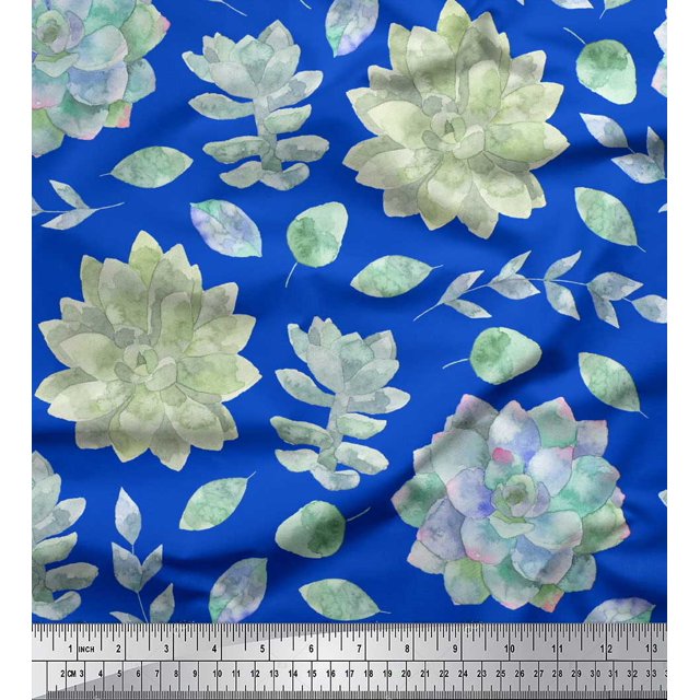 Soimoi Blue Moss Georgette Fabric Leaves & Flower Floral Printed Fabric 1 Yard 42 Inch Wide