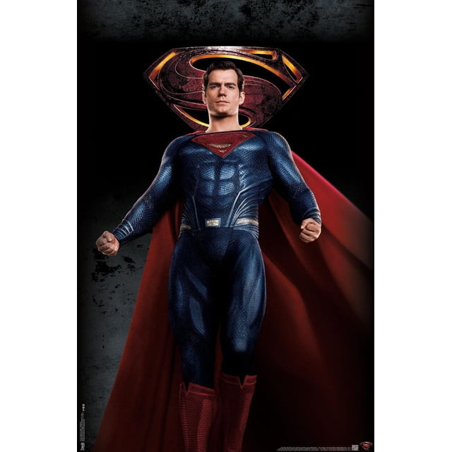 DC Comics Film - La Ligue des Justiciers - Affiche Murale de Superman, 22,375 Pouces x 34 Pouces Montrant une Vue Orientée vers l'Avant de Superman en Complet Texturé Bleu avec Emblème de Poitrine Rouge et or, cape Rouge Coulante derrière, et Bottes Rouges, sur Fond Sombre avec un Grand logo Métallique de Superman, Convient pour Décorer des Chambres, des Bureaux Ou des Dortoirs.