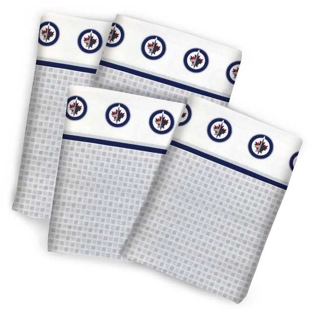 NHL Winnipeg Jets Double Sheet Set with light grey grid pattern and navy blue stripe featuring repeated Winnipeg Jets logos on white background, including one fitted sheet (54x76+11 inches), one flat sheet (81x96 inches), and two pillowcases (30x20 inches), made of 100% polyester and machine washable, ideal for sports-themed bedrooms.