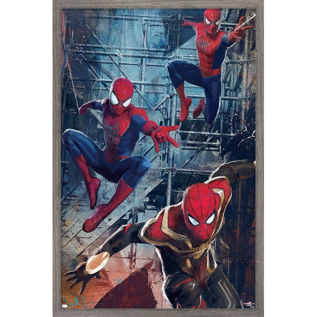 Marvel Spider-Man: No Way Home - Trio Wall Poster, 22.375" x 34", depicting three Spider-Man figures in red and blue suits in dynamic action poses against an industrial scaffolding background, printed on glossy paper with vibrant colors, ideal for home décor and wall art.