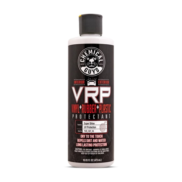 CHEMICAL GUYS VRP vinyl, rubber, plastic shine and protectant in a 16 oz white bottle with black and red label, designed for automotive interior and exterior surfaces to restore deep black shine, protect against UV rays, repel dirt and water, and leave a dry-to-touch finish.